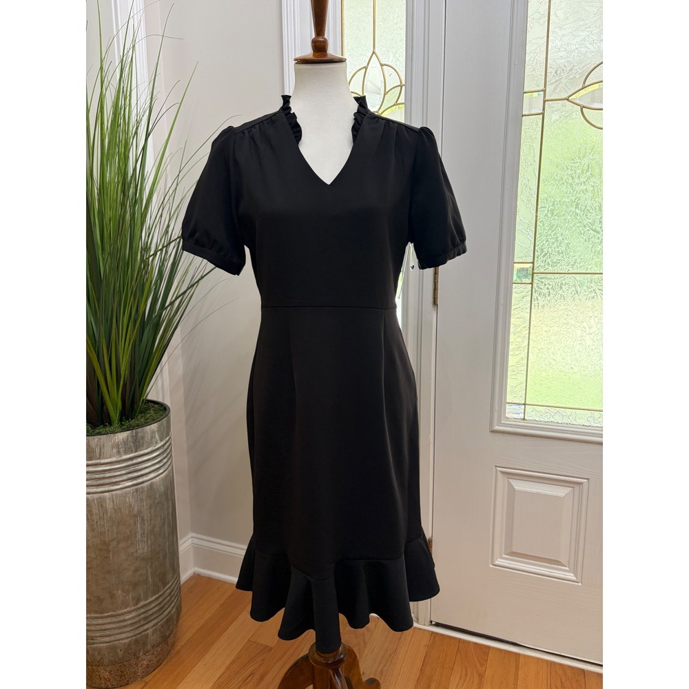 Nanette Lepore Black Ruffle V Neck Puff Short Sleeve Sheath Dress Size 12 Retro